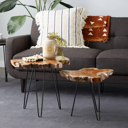 Brown Teak Wood Contemporary Accent Table Set
